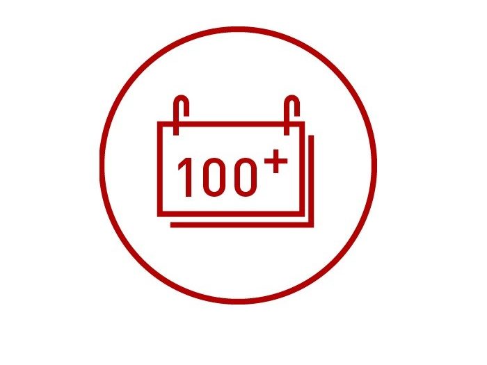 Icon with calendar and 100+ symbolizing long lasting products, longevity, century